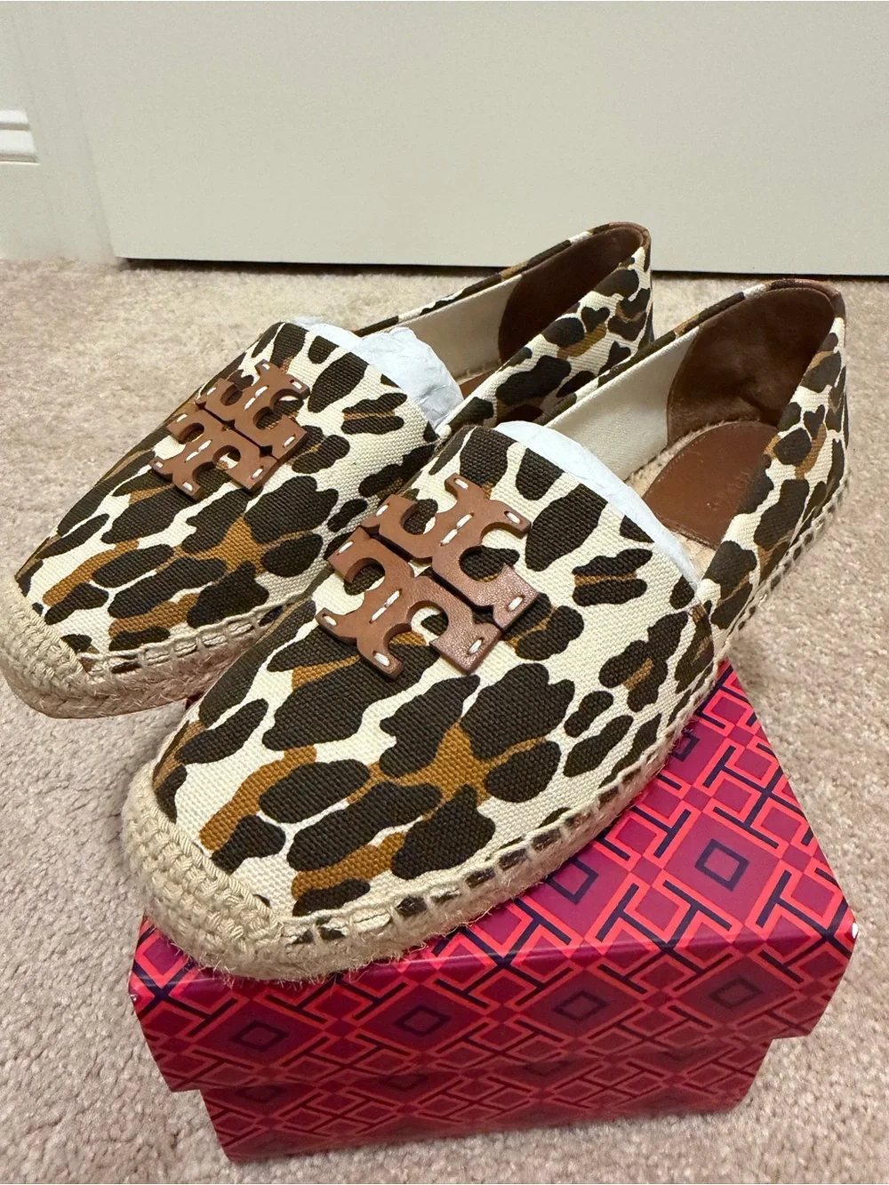 Tory Burch Leopard-Print Espadrille Loafers with Gold Logo